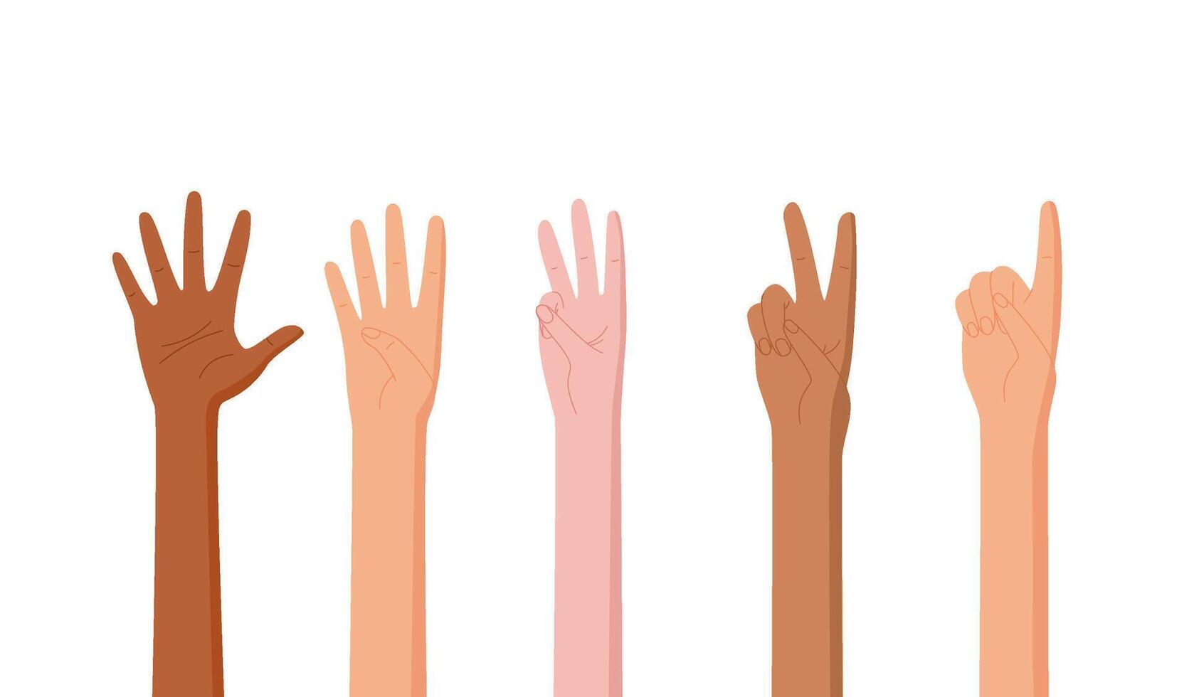 Cartoon bare hand count gesture count set in flat style. Includes various finger and palm poses with numbers. Ideal for education, display, or illustrative purposes in graphic or educational contexts. vector