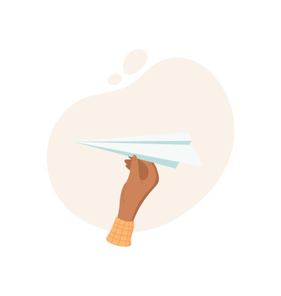 Hand holding paper plane icon. Gesture of giving a paper airplane. Symbol of creativity, flat design, perfect for educational or artistic projects. vector