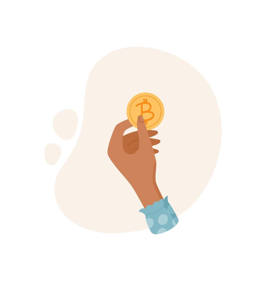 Hand holding a bitcoin coin. Female palm presents digital money. Finance gesture, graphic style, potential for crypto financial content or digital currency vector
