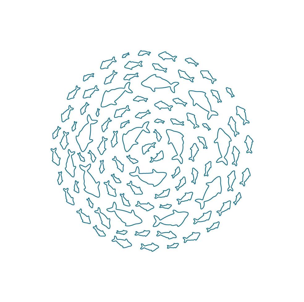 Aquatic fish school pattern. Silhouette of many fish in a swirling design. Underwater world, outline texture, outline style, perfect for summer projects and aquatic life illustrations. vector