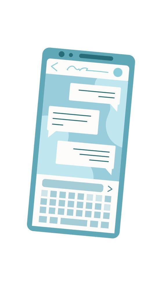 Smartphone with chat application on screen. Digital messaging platform for user communication. Mobile device showcasing conversation bubbles, social media context, flat visual format, digital media vector