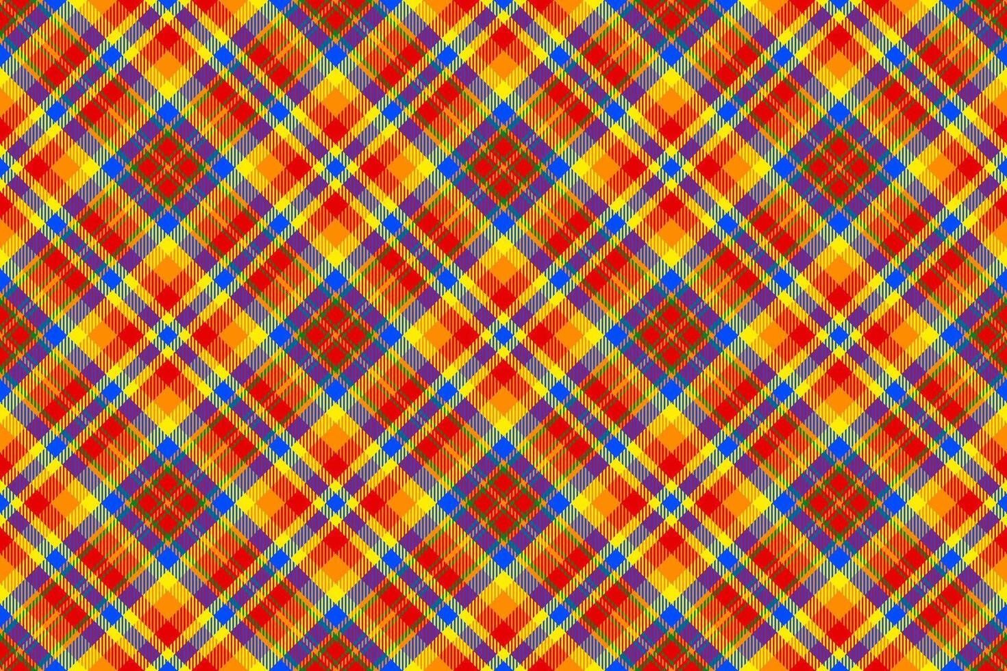 Vibrant tartan pattern. Warm hues of red, orange, and yellow intersect with bold blue lines. Classic textile design. Ideal for backgrounds or fabric mockups. vector