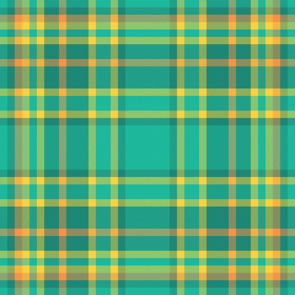 Vibrant teal, yellow, and orange plaid pattern. Perfect for textile design, fashion, website backgrounds, or scrapbooking. This cheerful and energetic design evokes feelings of summer and optimism. vector