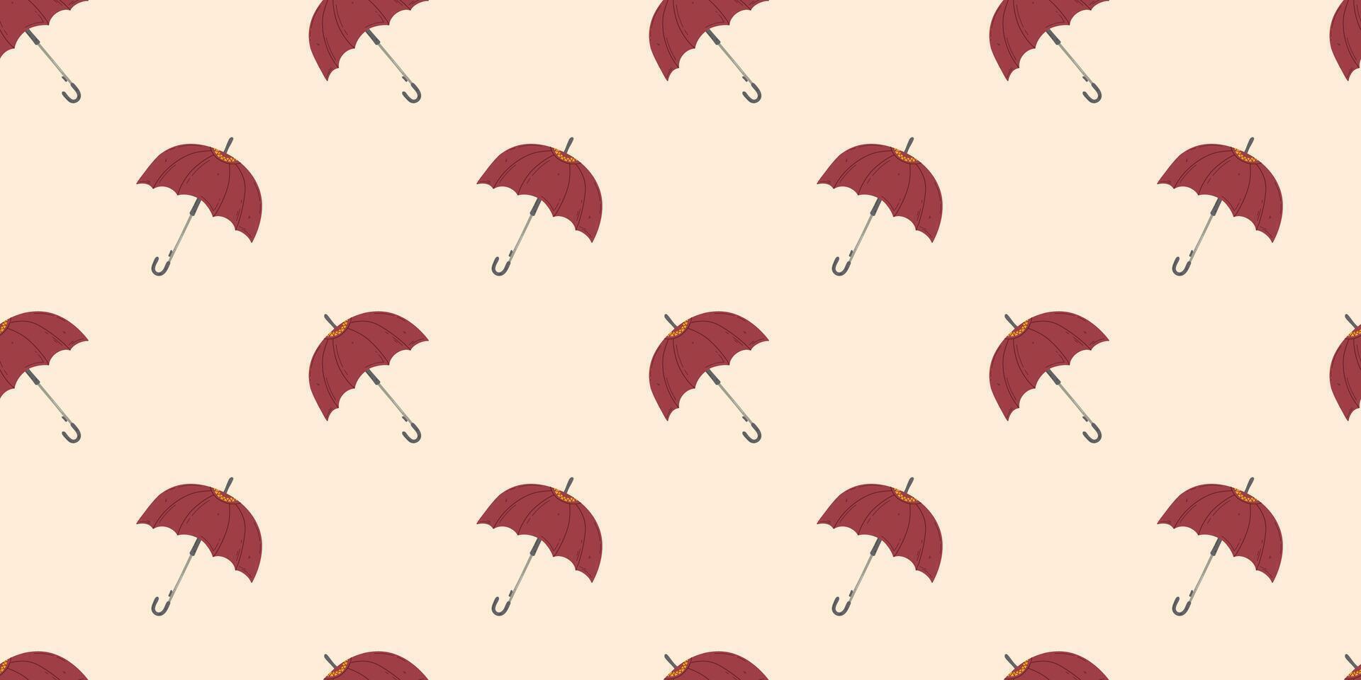 Red umbrella seamless pattern on beige background. Back with symbol of autumn and spring for print, card, banner, wrapping paper, invitation, season design vector