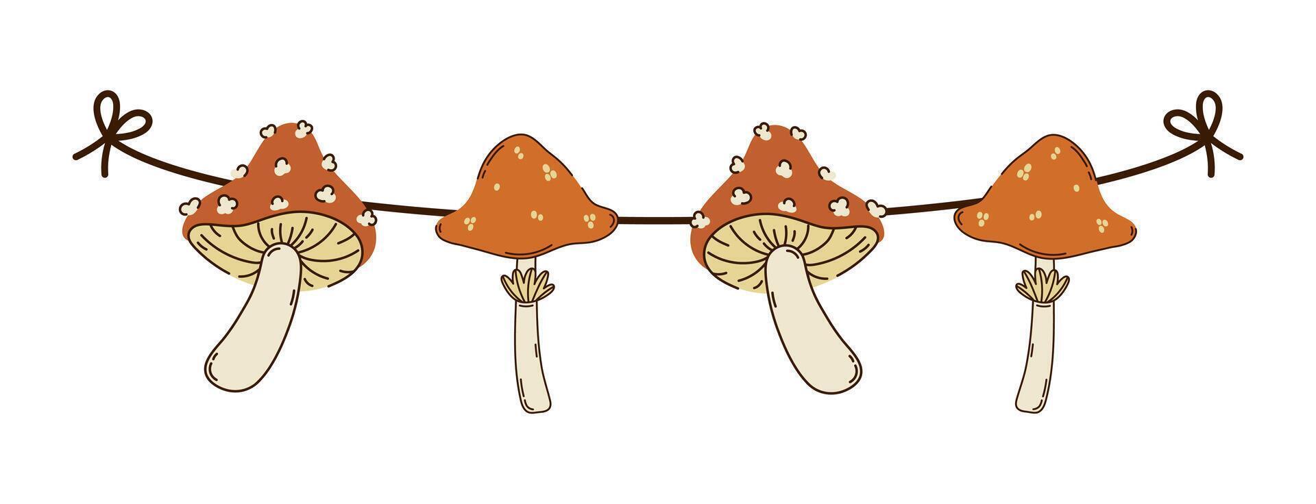 Autumn garland icon. Fly agarics and toadstools hang on a string. Forest poisonous mushrooms, red cap with white polka dots. Fungi for fall party, Amanita Muscaria. Cartoon holiday decoration vector