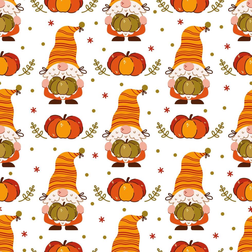 Gnome pattern with pumpkins and autumn leaves vector