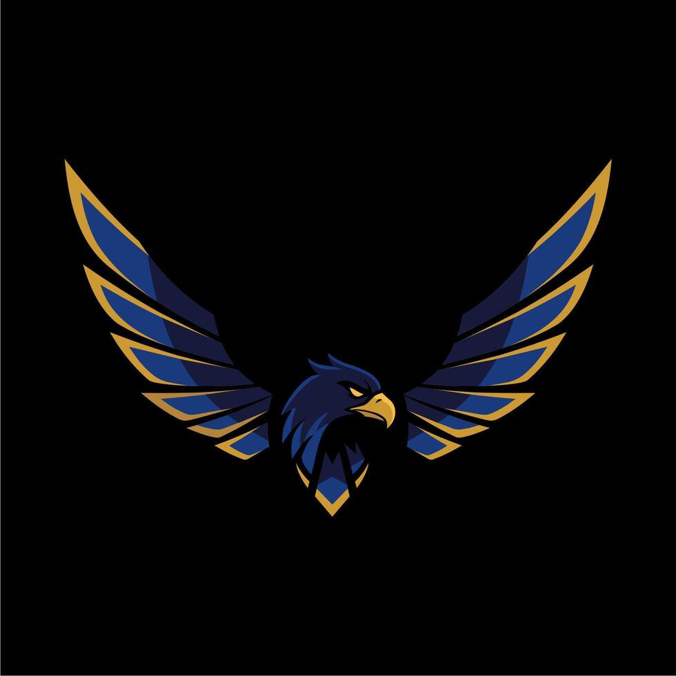 An intimidating blue and gold styled eagle head logo and mascot with wide wings vector
