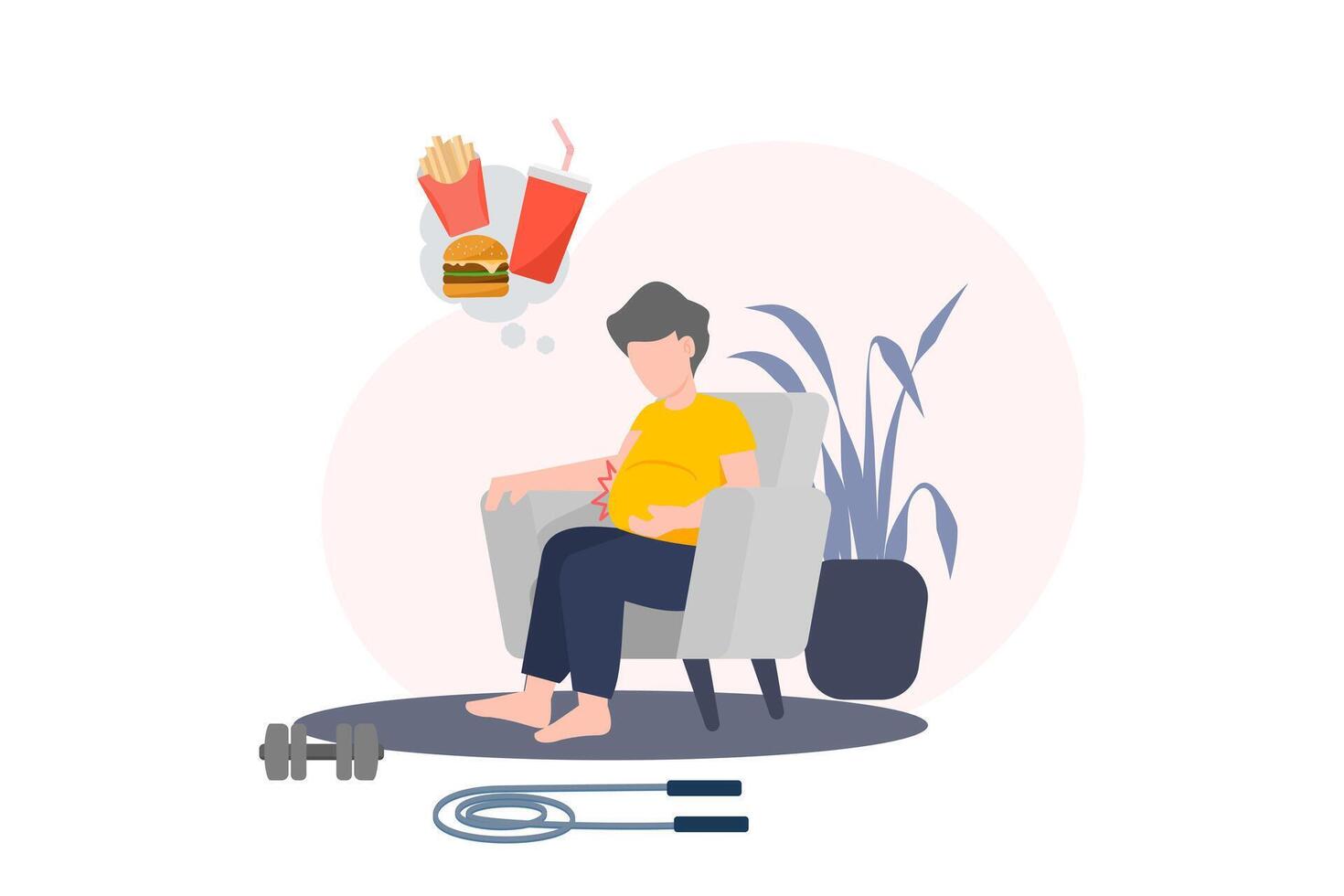 Flat style illustration of an overweight young man sitting on a chair, daydreaming about fast food, surrounded by unused fitness gear. Concept of poor lifestyle and health care. vector
