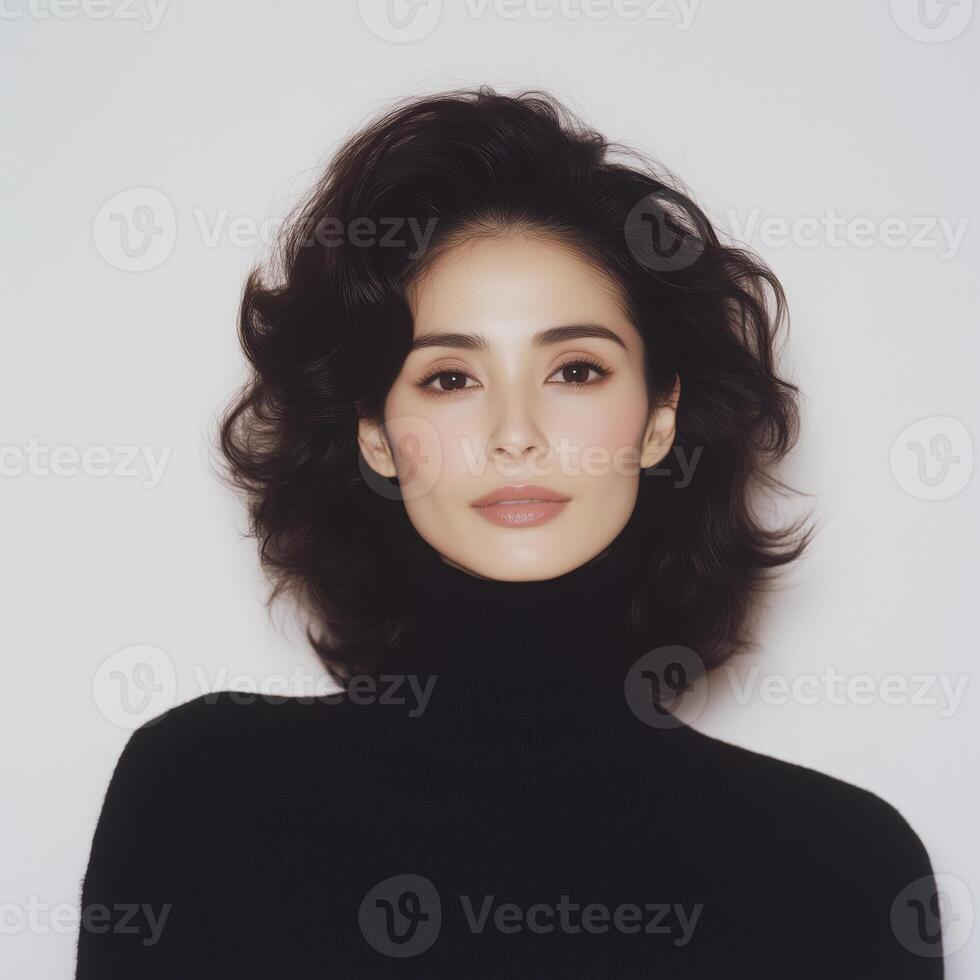Portrait of a stylish young woman with dark hair and a chic black turtleneck sweater photo
