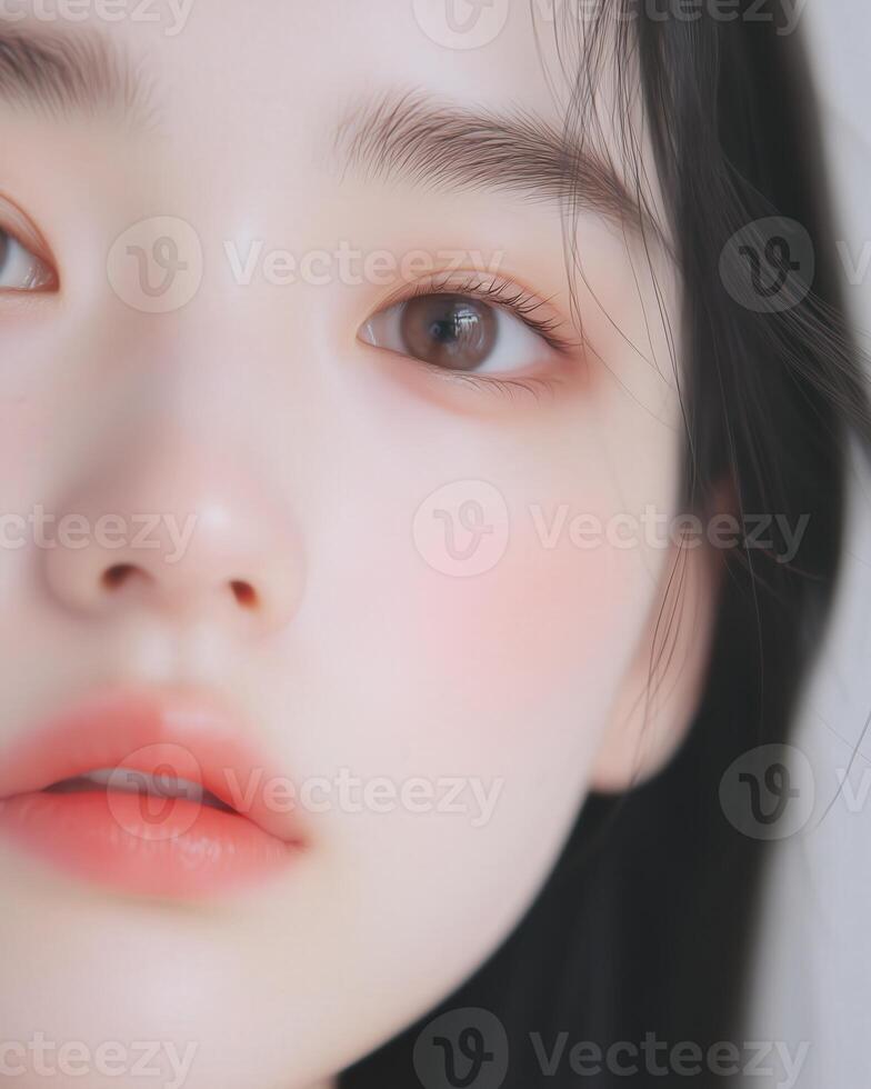 Close up view of a woman showcasing perfect skin, soft features, and cosmetic beauty photo