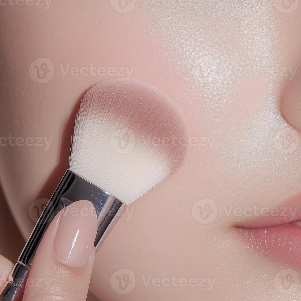 Applying pink blush with brush for youthful glow, perfect for skincare routine photo