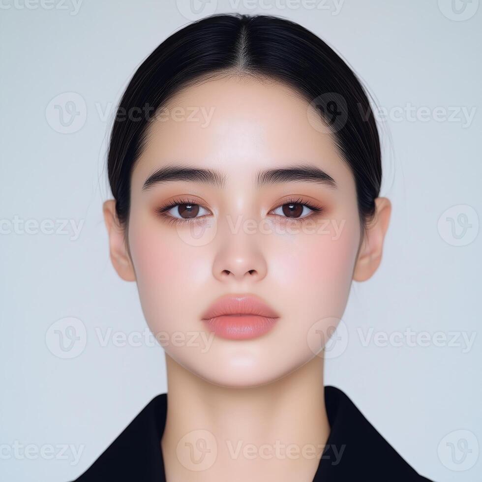 Flawless beauty portrait showcasing radiant skin and subtle eye makeup, a young woman's captivating gaze photo