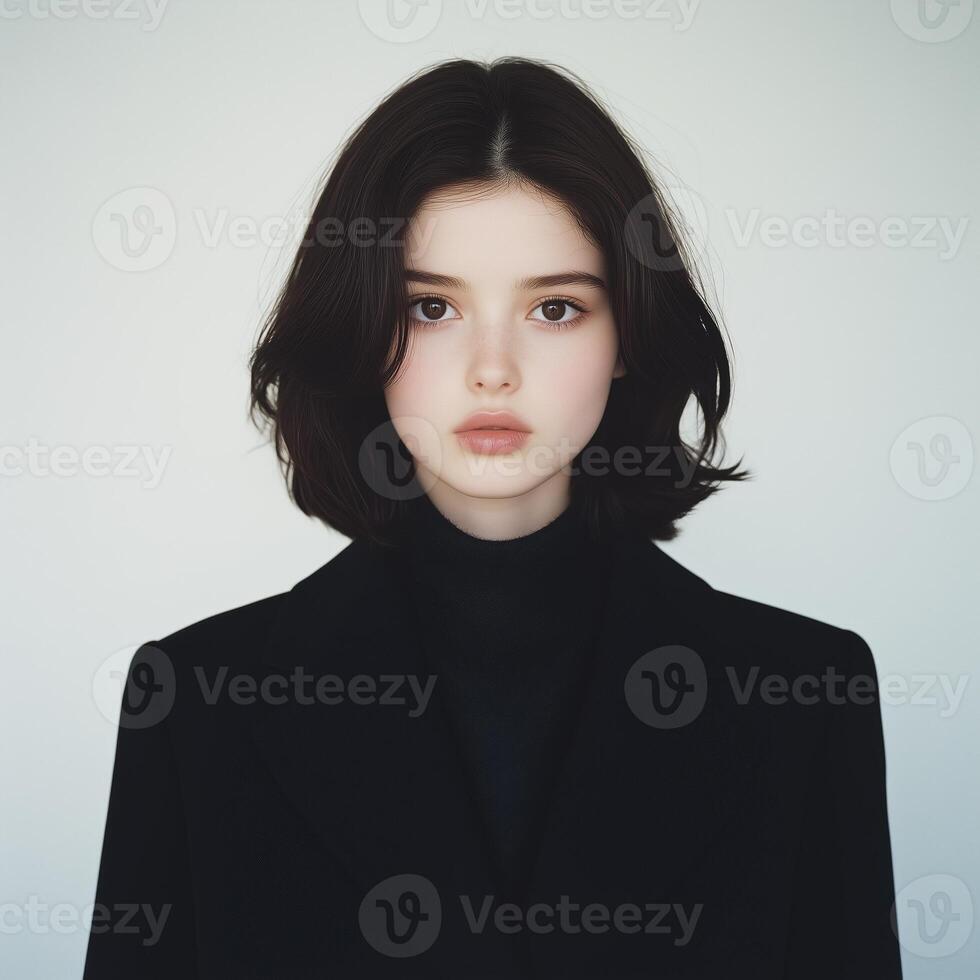 Elegant portrait of a woman with a short, dark bob haircut and refined features in a black outfit photo