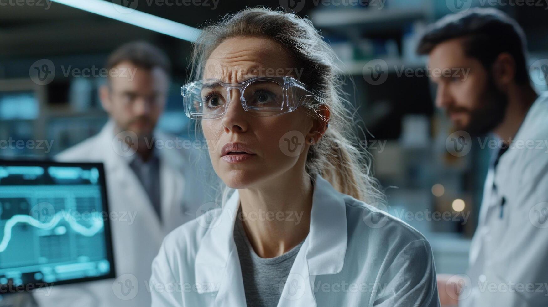 focused female scientist wearing safety goggles in laboratory setting photo