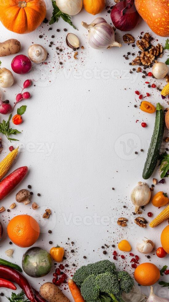 Fresh vegetables and fruits arranged on white background with vibrant colors photo