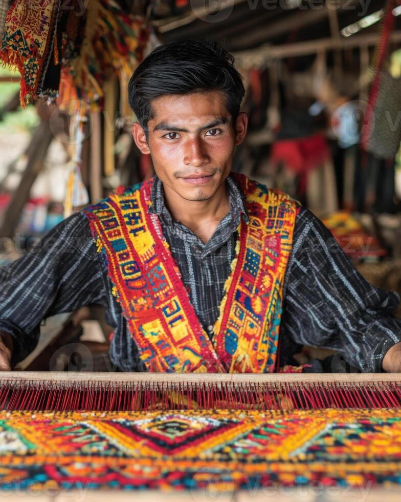 Craftsman weaving colorful textile with intricate patterns and designs photo
