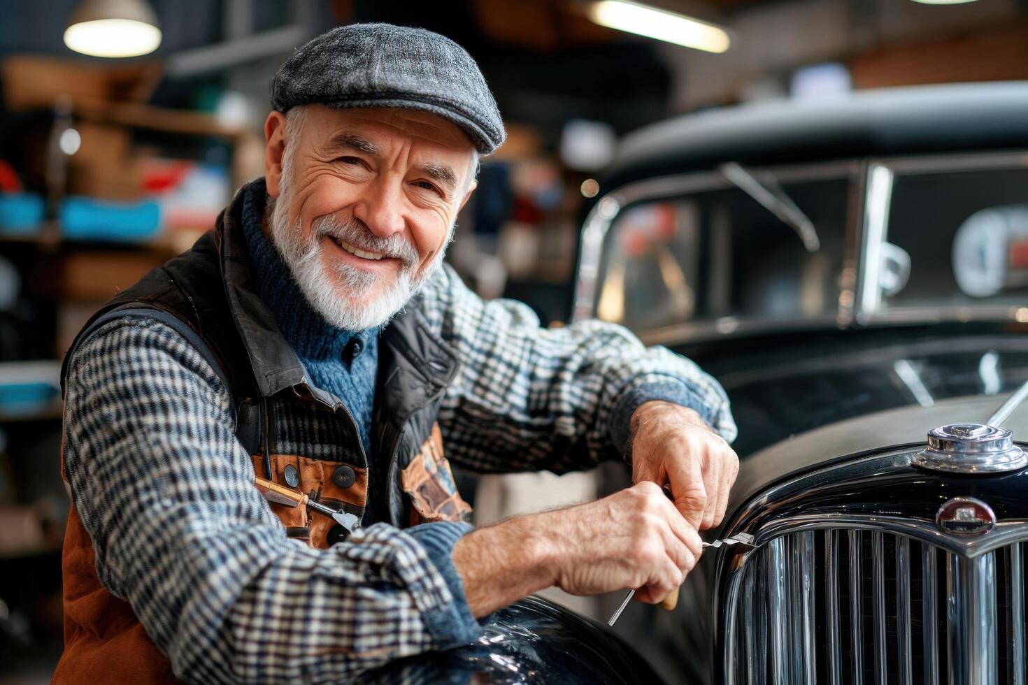 Smiling man working on vintage car in garage, showcasing craftsmanship photo