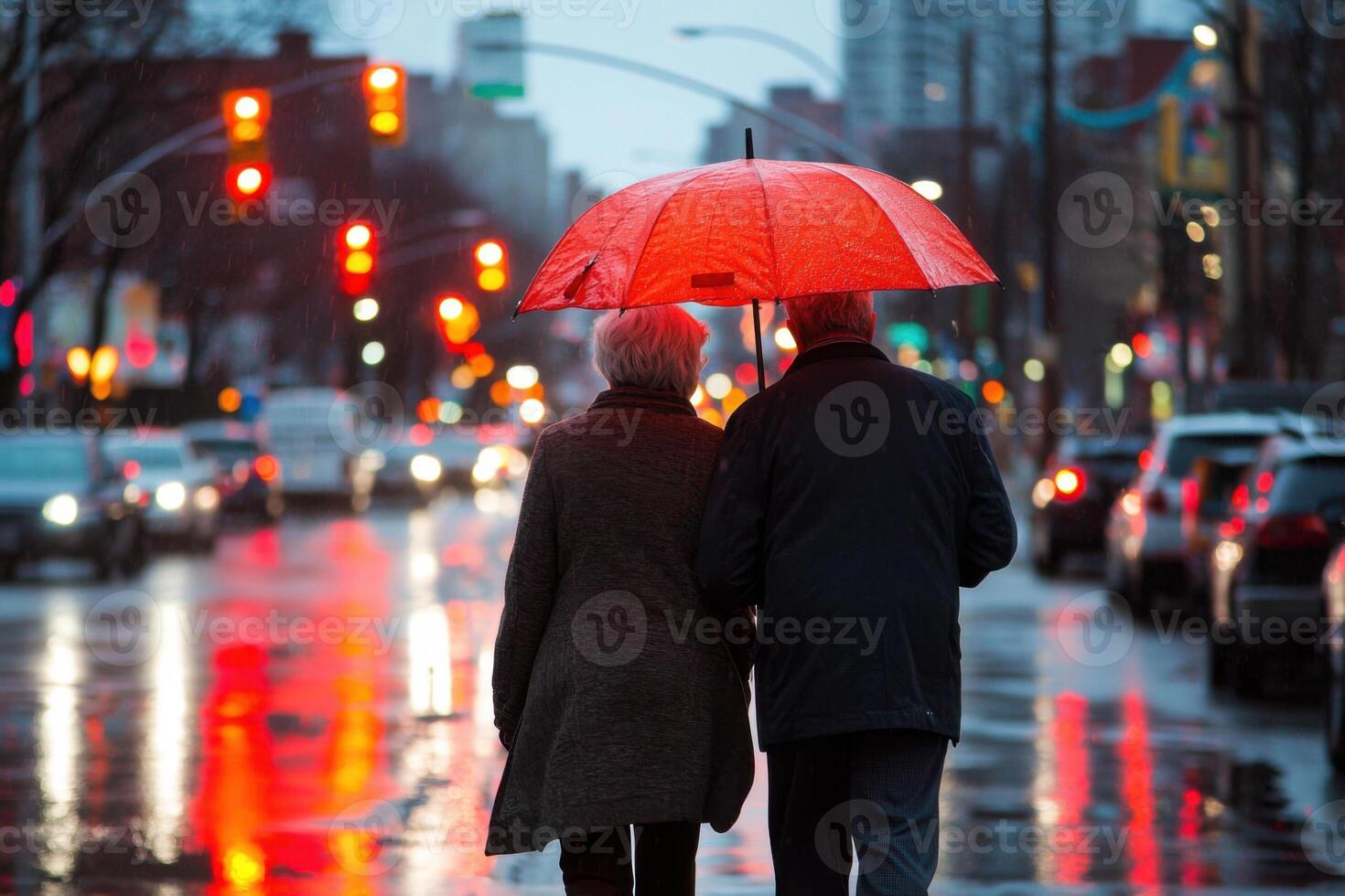 a couple walking down the street with an umbrella photo