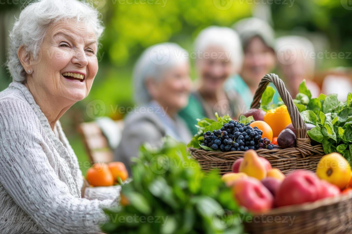 senior woman with basket of fruit and vegetables photo