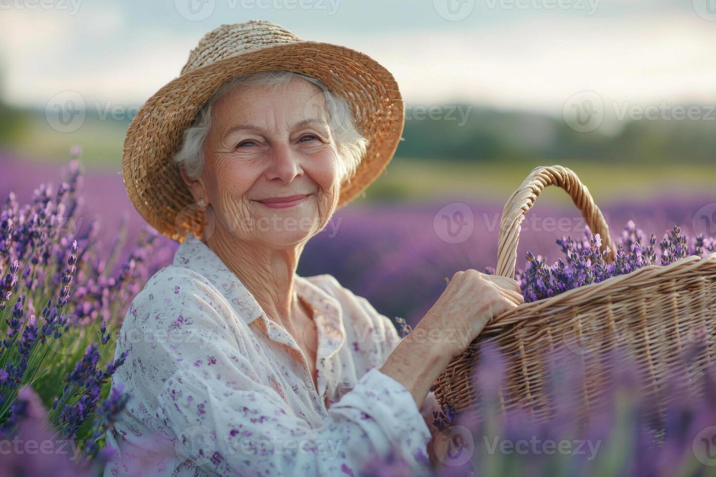 an older woman with a basket of lavender flowers photo
