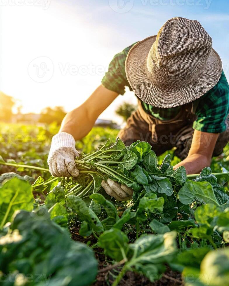 farmer harvesting spinach in field photo