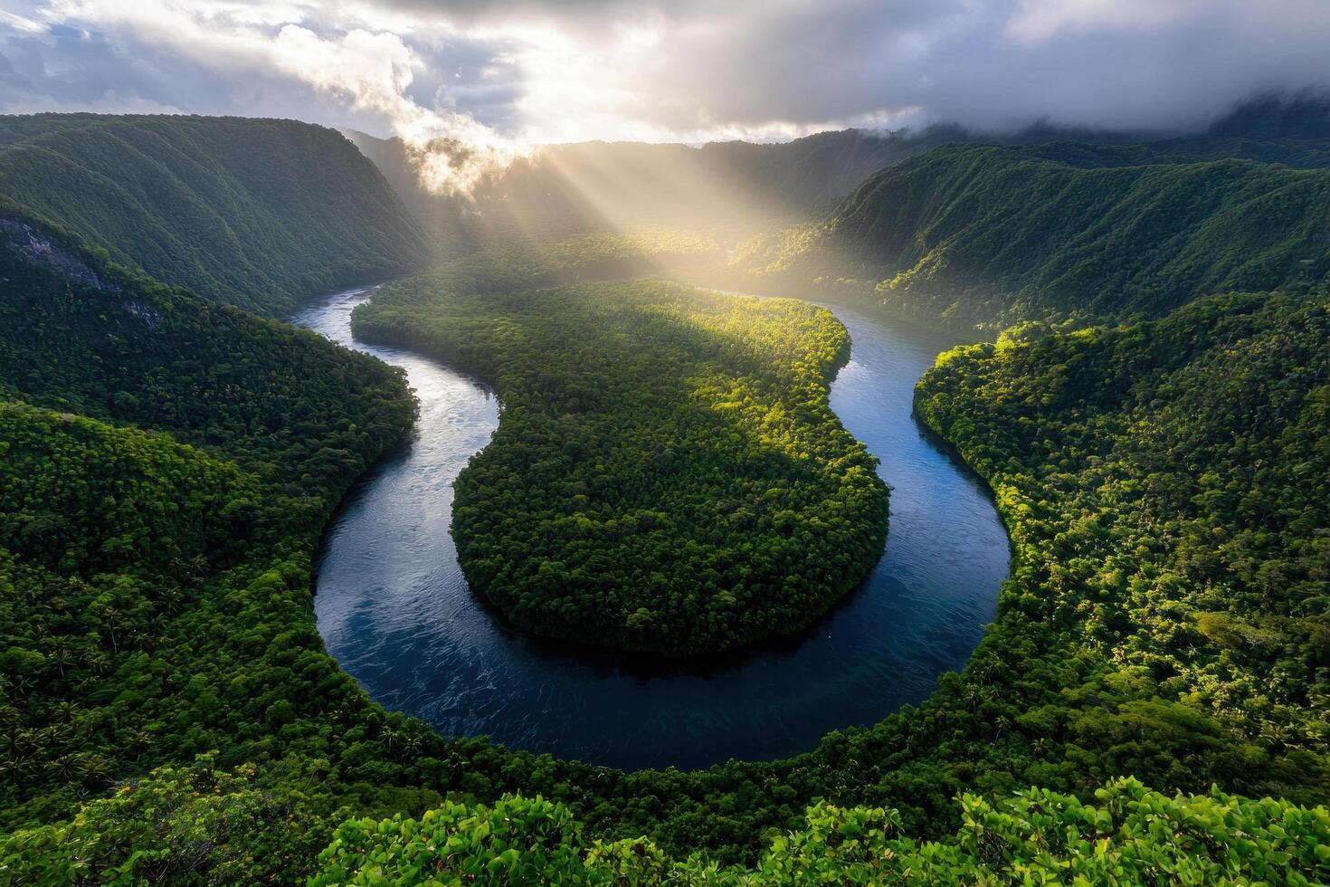 sunlight shines through the clouds over a river in the middle of a forest photo