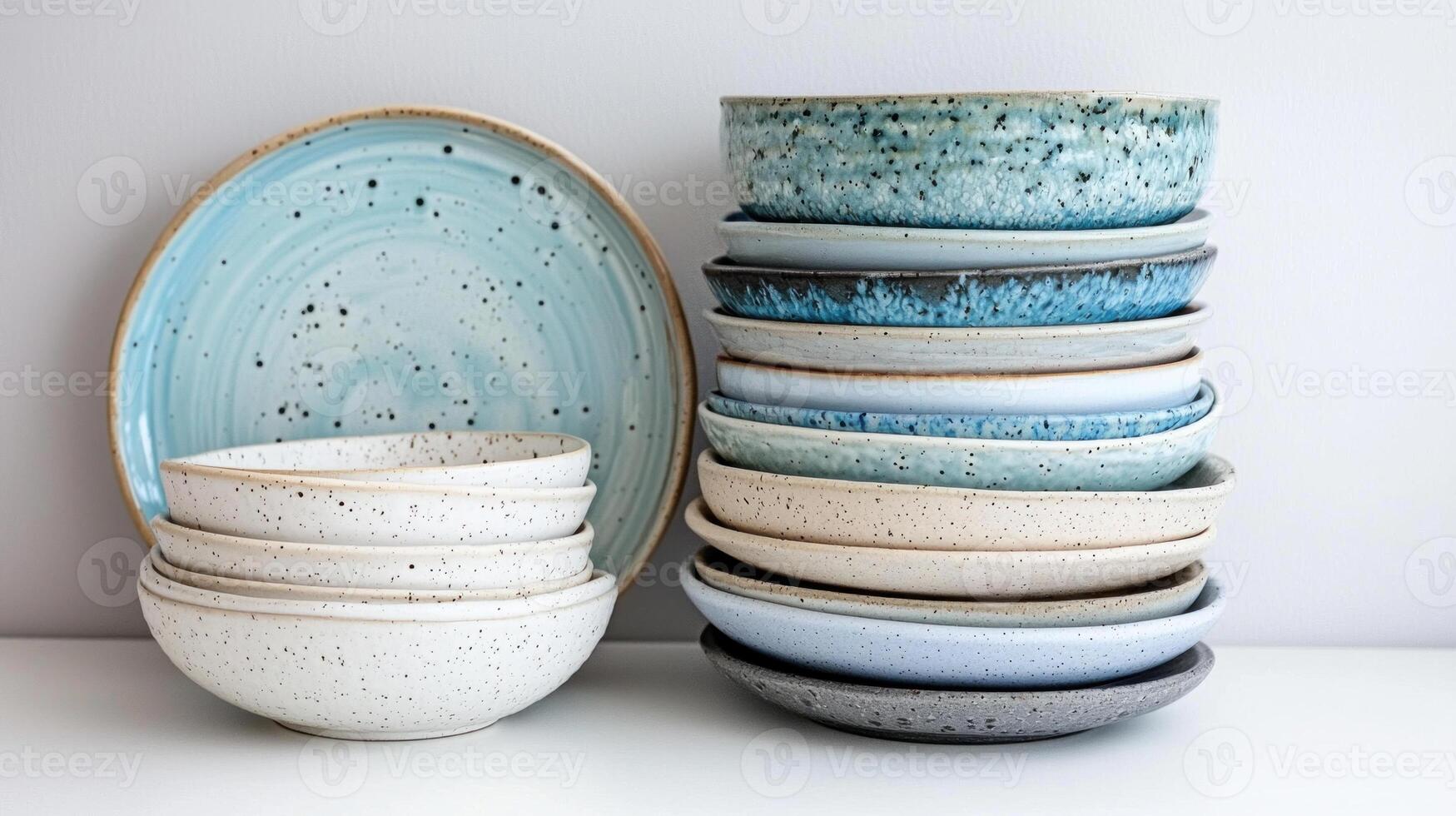 stack of ceramic plates and bowls with speckled designs in neutral and blue tones photo