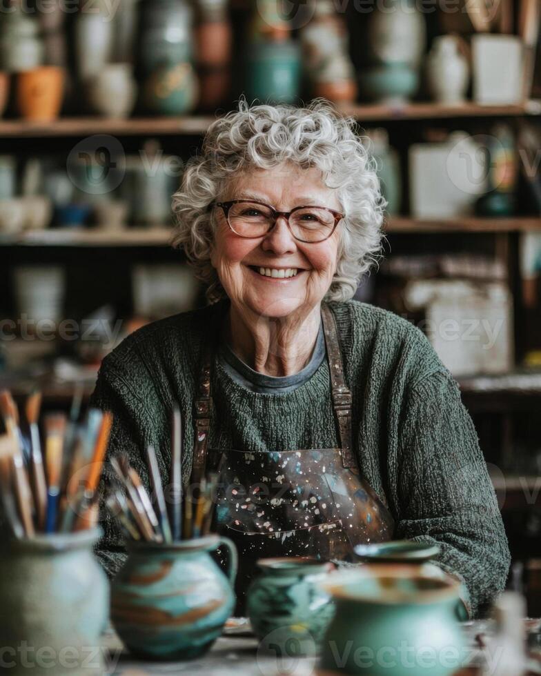 an older woman sitting at a table with pots and vases photo