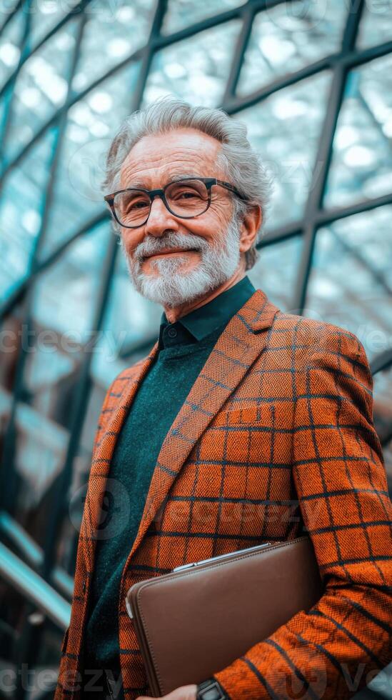 a man with a beard and glasses is standing in front of a glass building photo