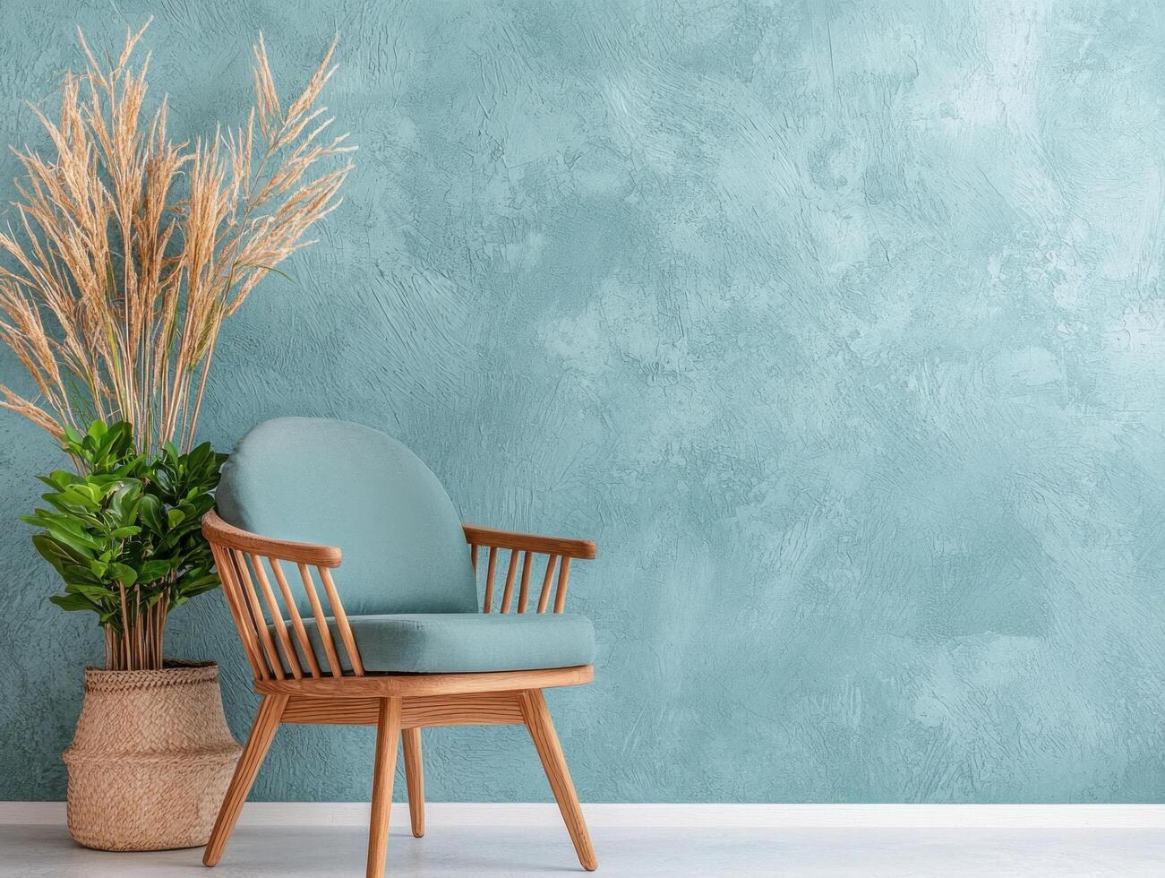 a chair and a plant in front of a blue wall photo