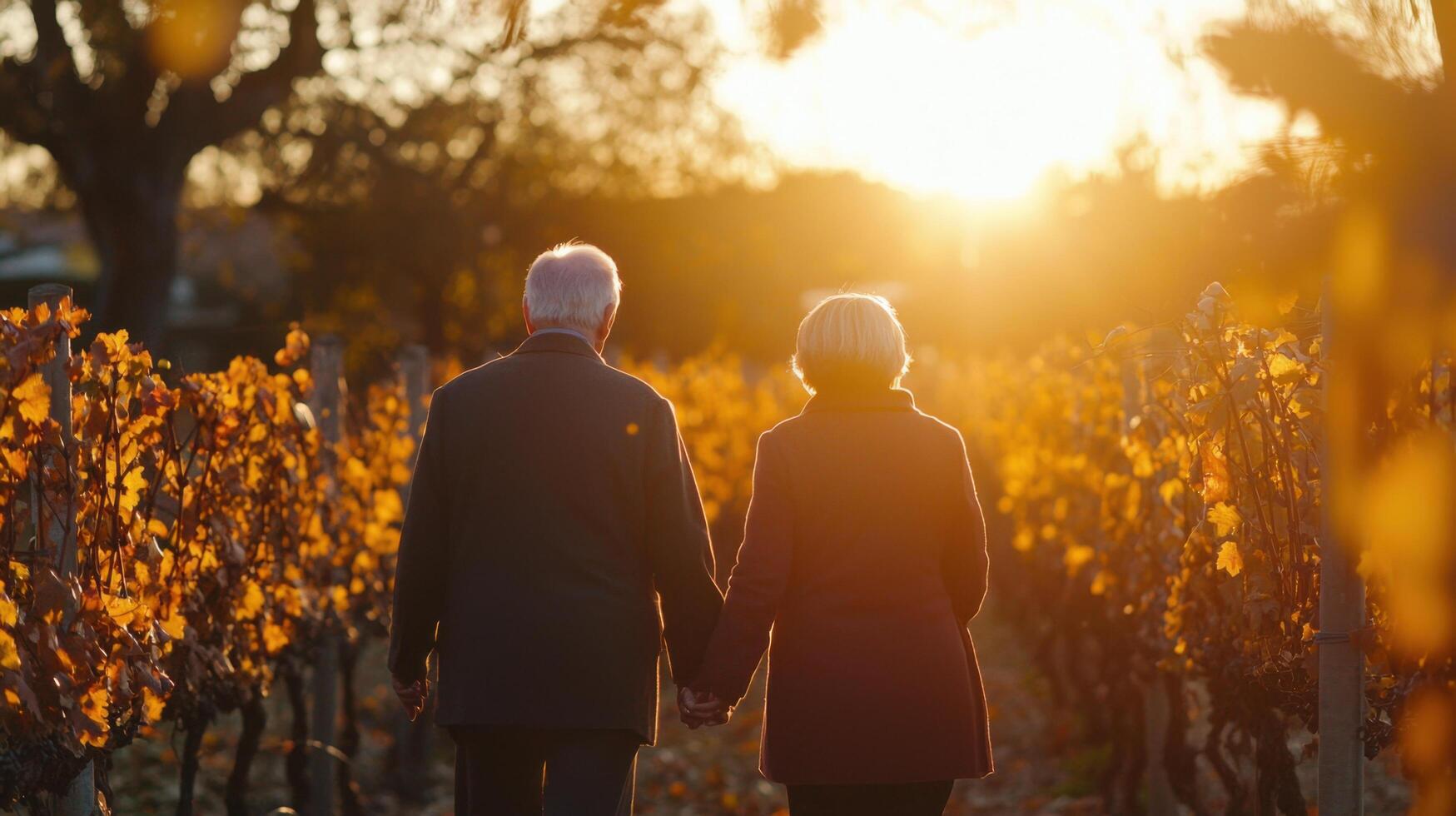 couple walks hand in hand through vineyard at sunset, enjoying moment photo