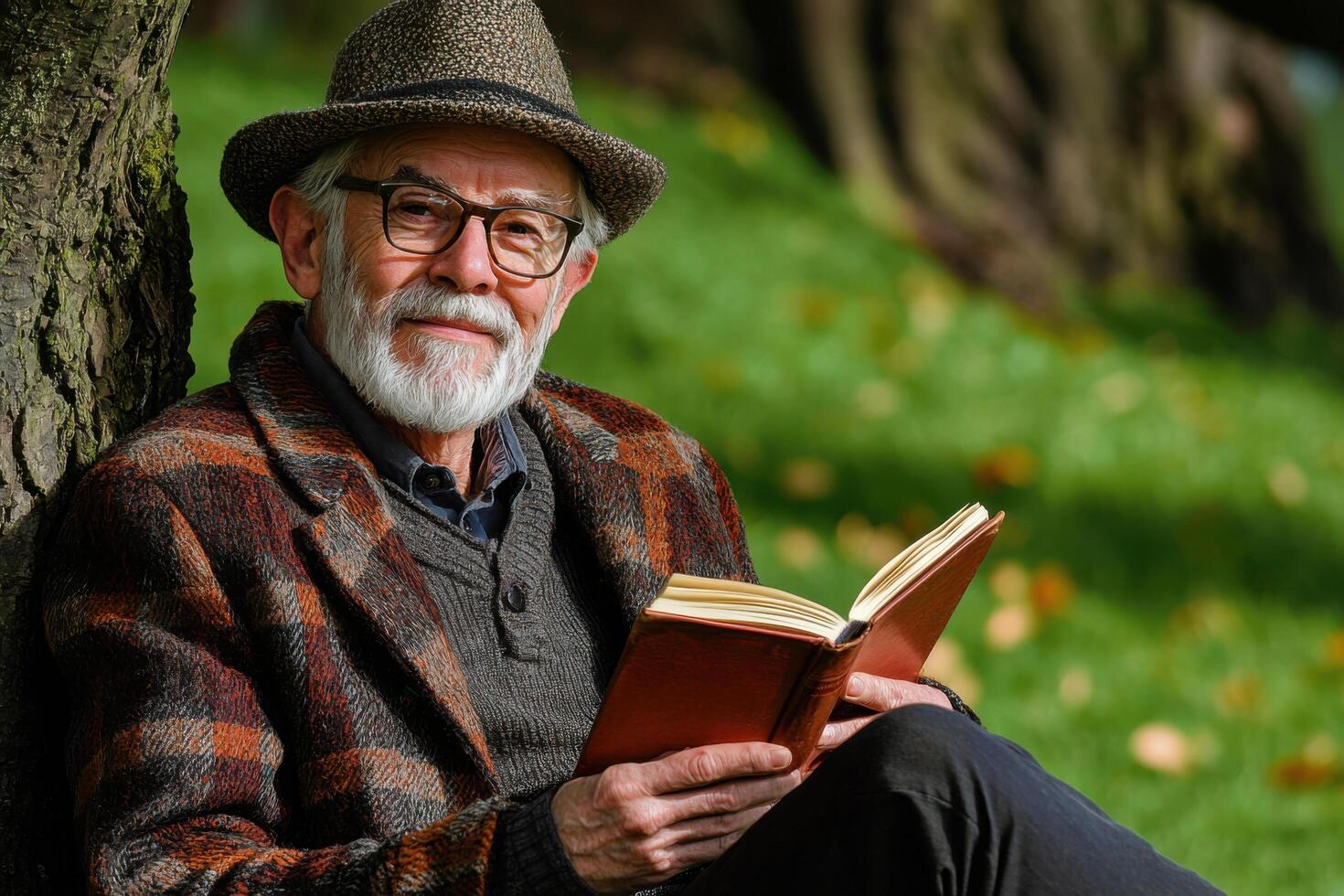 Senior man reading book outdoors, enjoying peaceful moment in nature photo