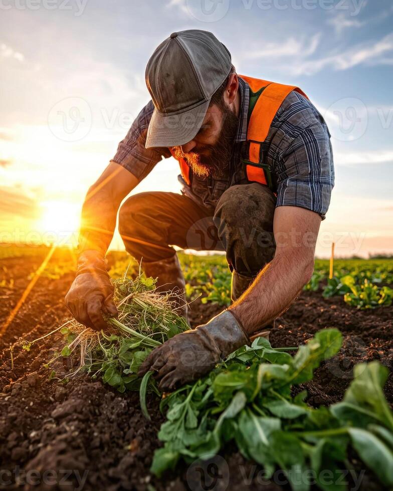 farmer harvesting fresh greens in vibrant field during golden sunset photo