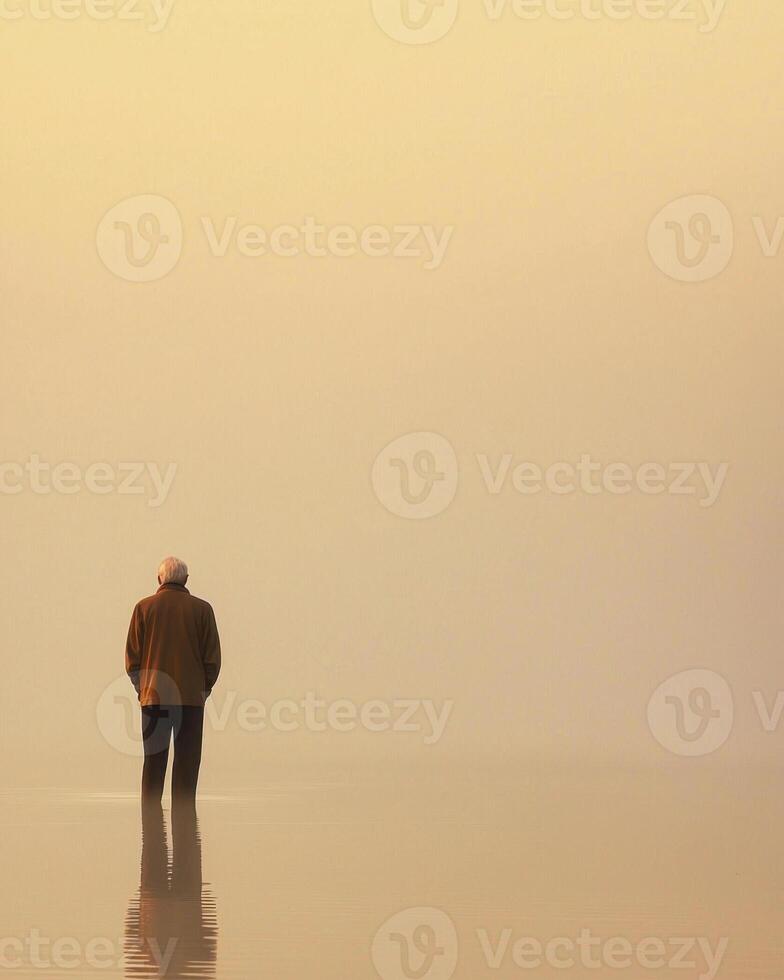 solitary man stands in calm water, reflecting on life in serene landscape photo