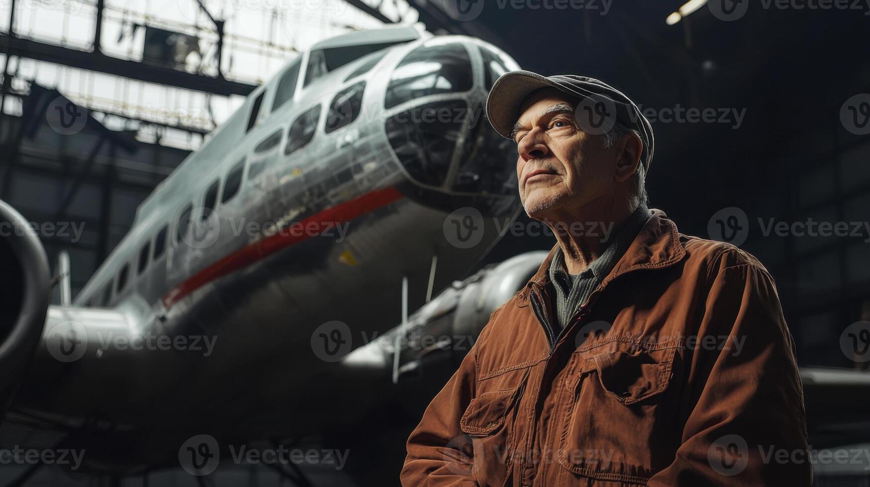 older man standing in front of airplane photo