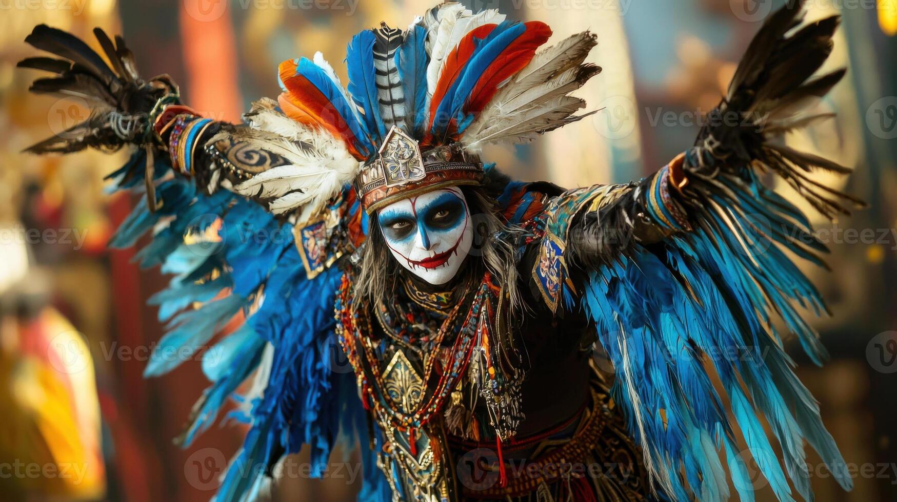 Vibrant costume with feathers and face paint, showcasing cultural heritage photo