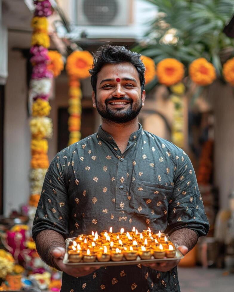 joyful man holds tray of lit lamps during festive celebration photo