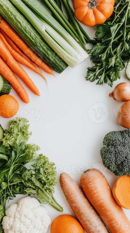 Fresh vegetables and fruits arranged on white background, creating vibrant frame photo