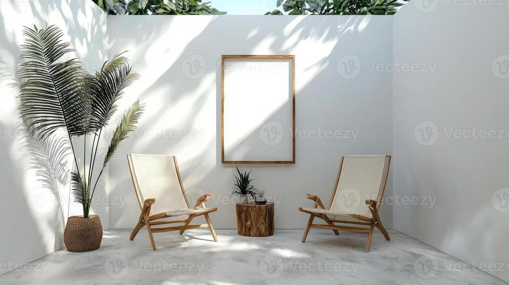 Minimalist outdoor seating area with wooden chairs, potted plant, and blank frame photo