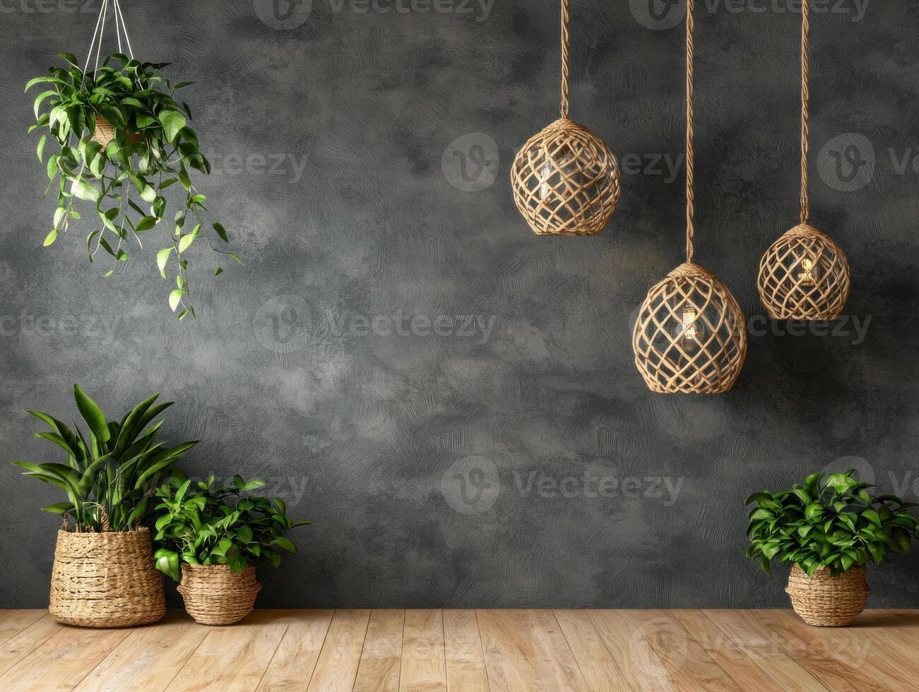 three hanging plants in a room with a concrete wall photo