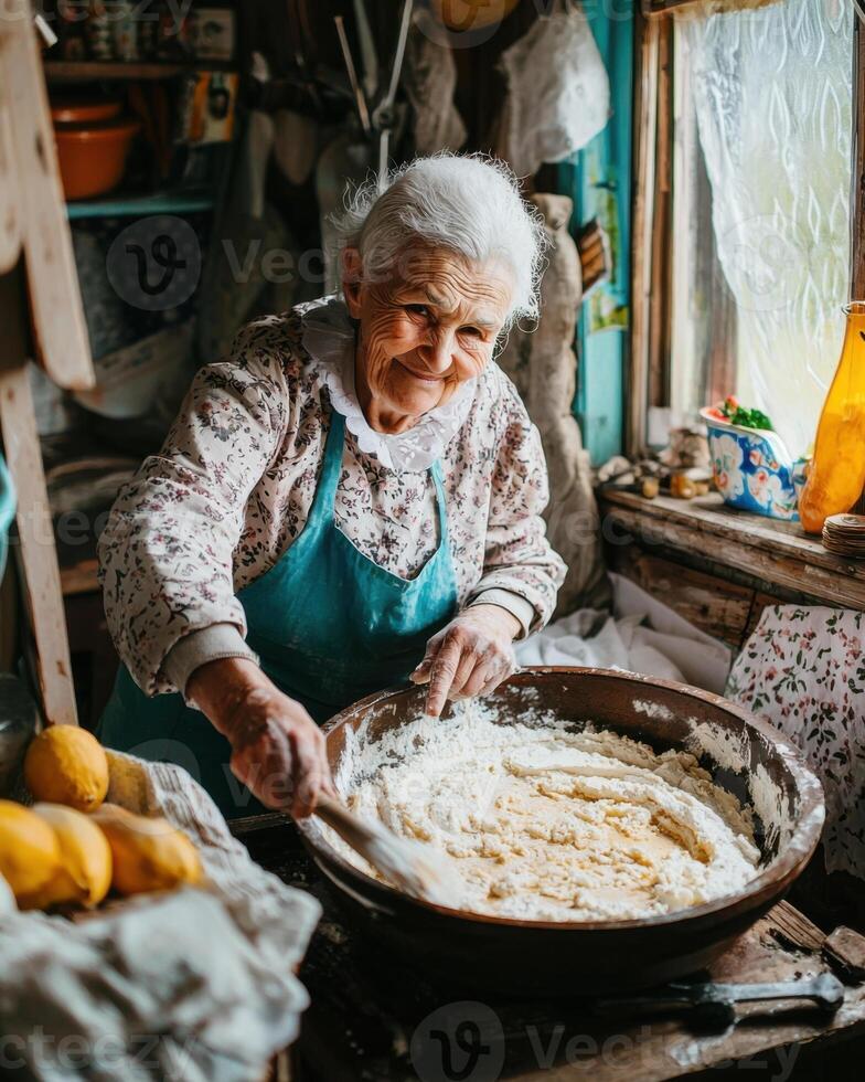Senior woman mixing dough in rustic kitchen, joyful expression and natural light photo
