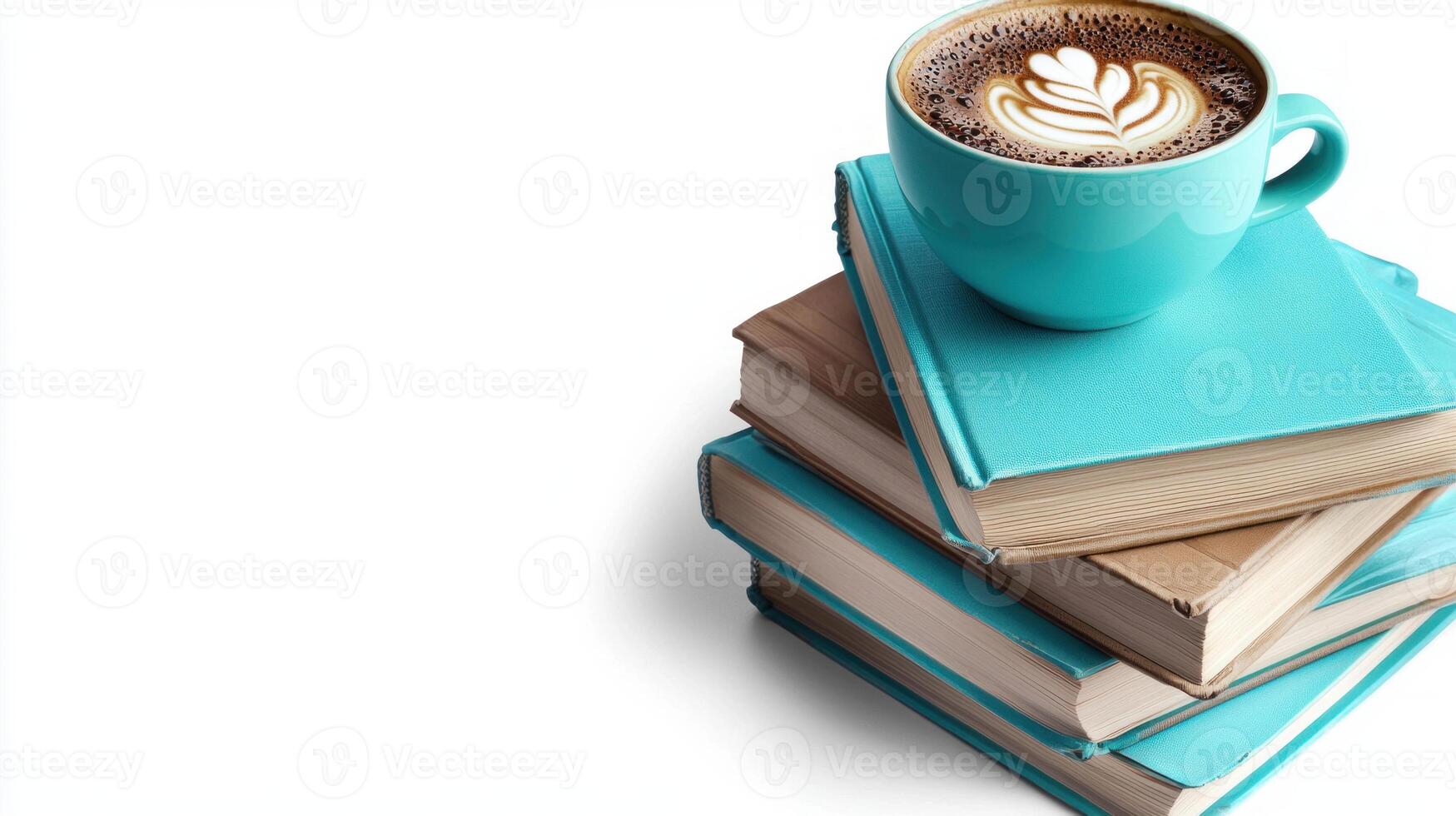 turquoise coffee cup with latte art sits on stack of books, creating cozy vibe photo