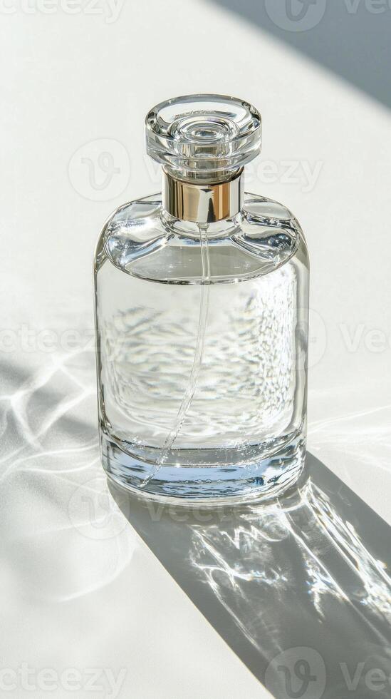 Elegant glass perfume bottle with golden accents casting soft shadow photo