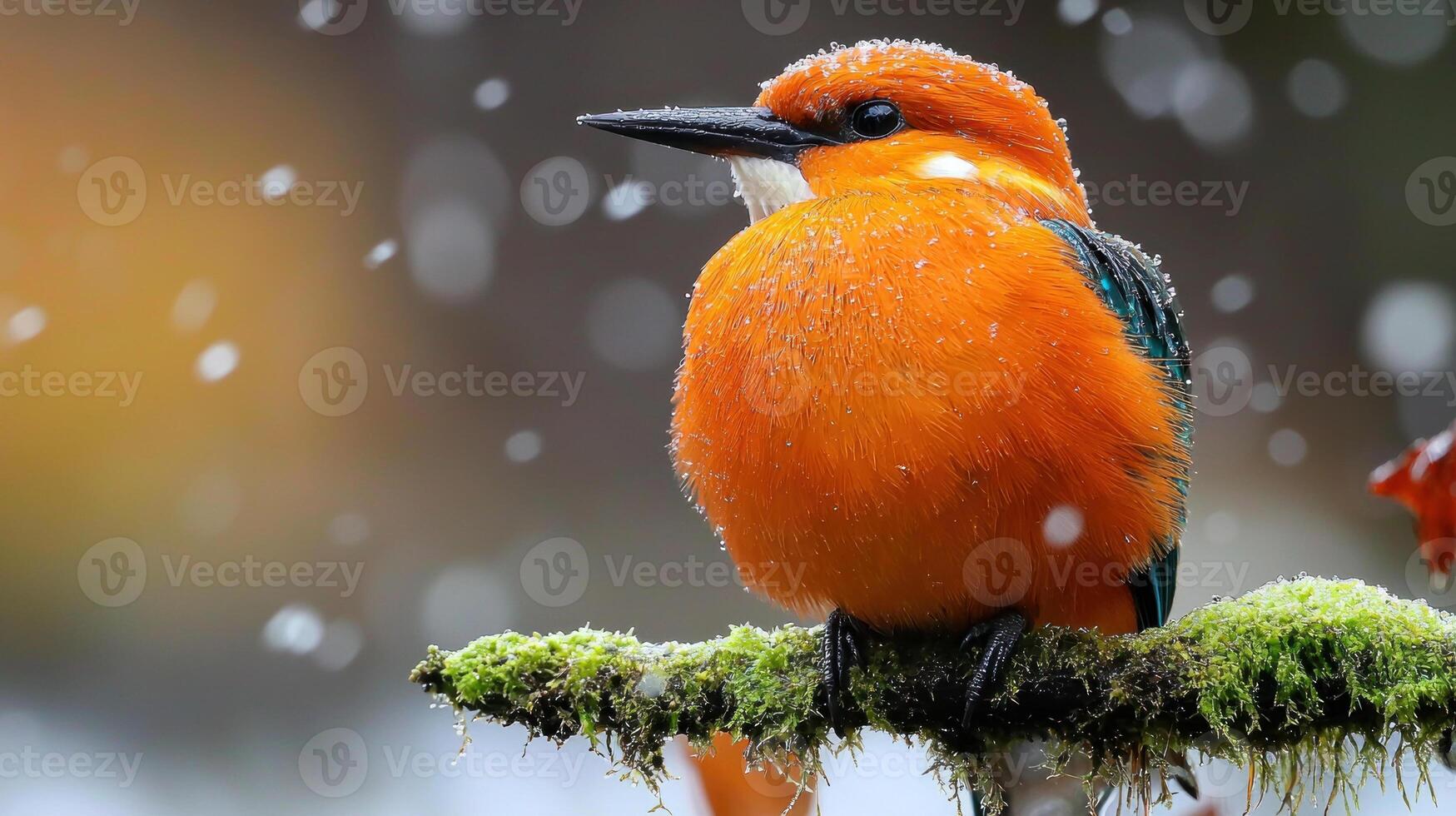 an orange bird sitting on a branch in the snow photo