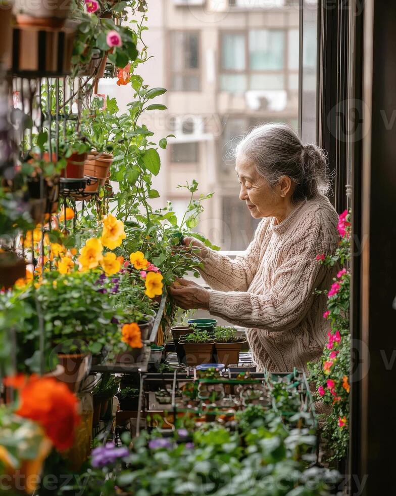 woman tending to vibrant flowers in balcony garden, showcasing her love for plants photo