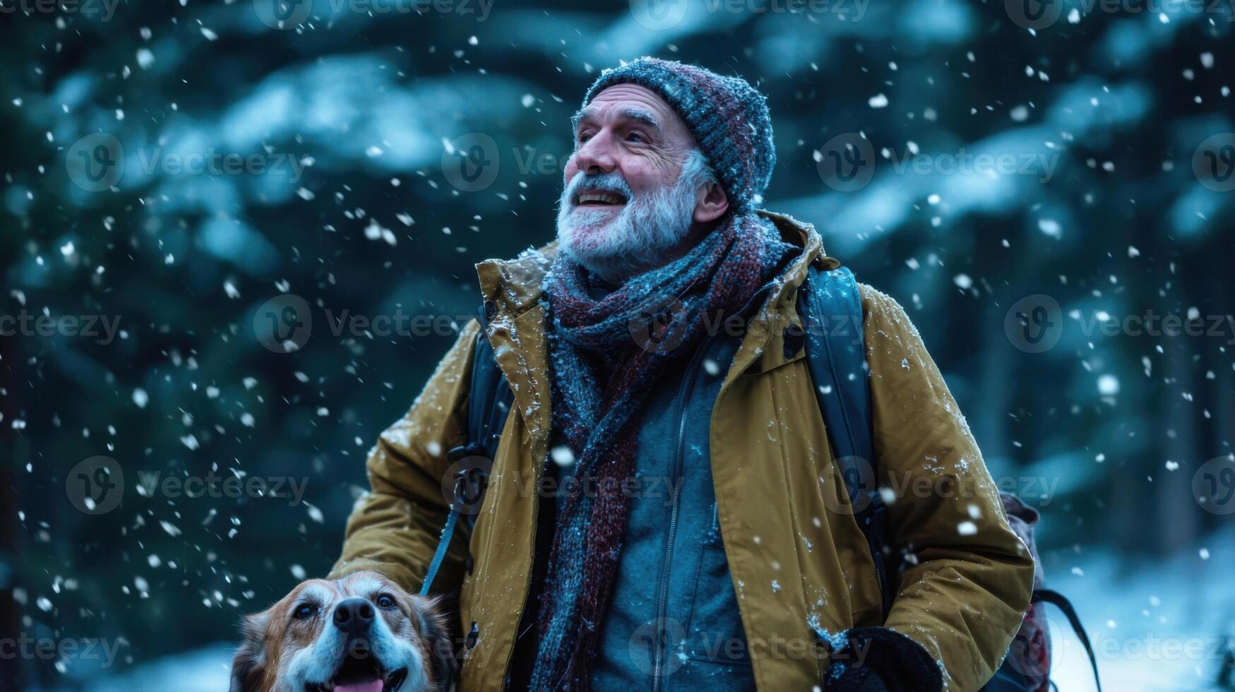 an older man with a dog in the snow photo