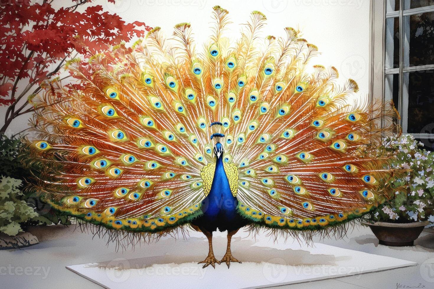 a peacock is standing on a white table photo