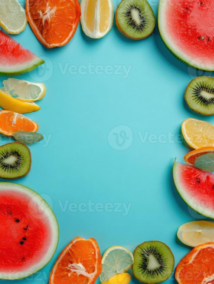 Bright and Colorful Food-Themed Social Media Frame Made With Various Fruits Set Against a Blue Background photo