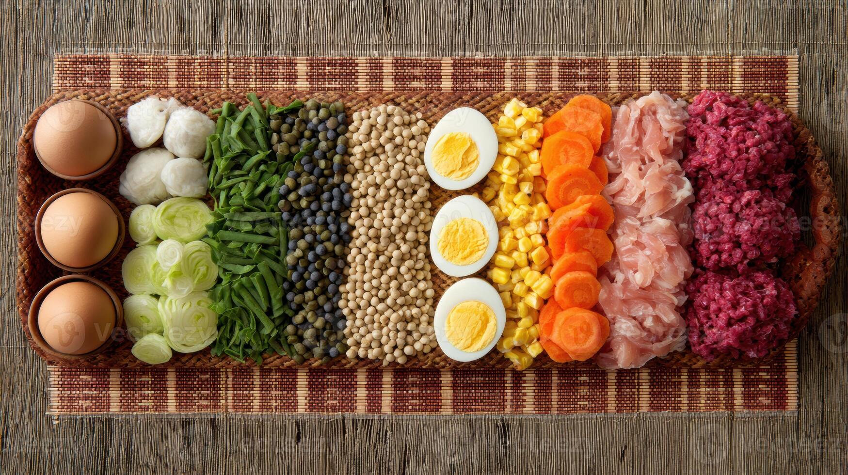 Fresh Raw Pet Ingredients Neatly Arranged on a Clean Food Mat Ready for Preparation photo