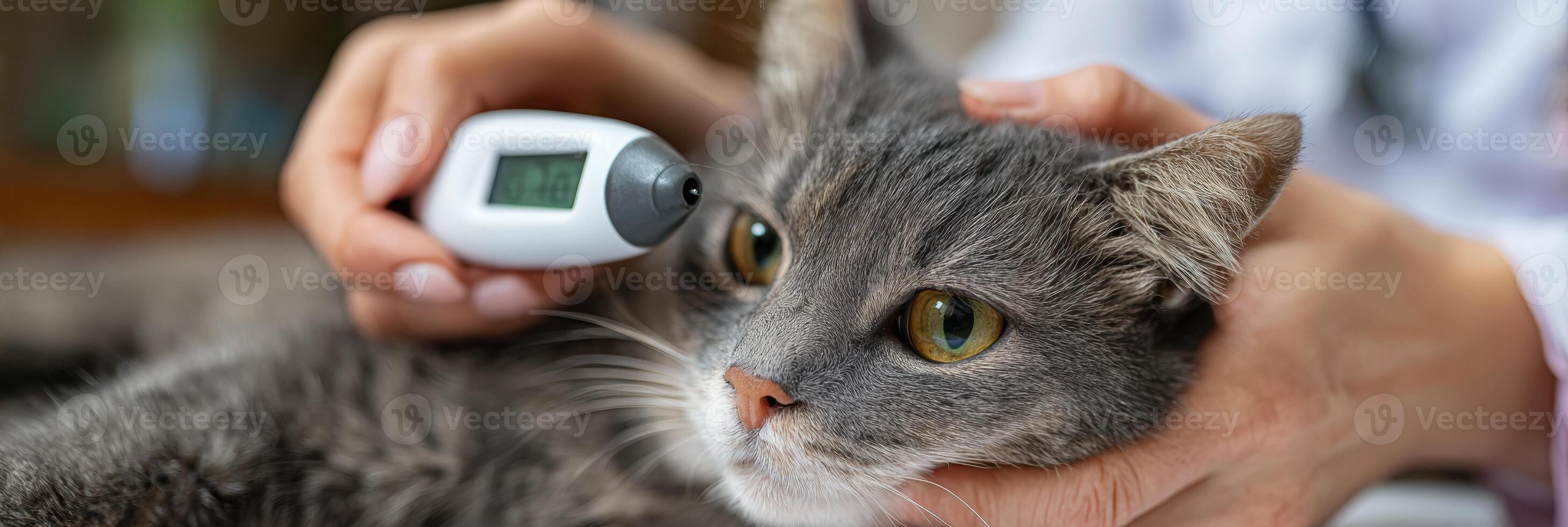 Vet Conducts Temperature Check on Relaxed Cat Using Digital Thermometer in a Clinic Setting photo